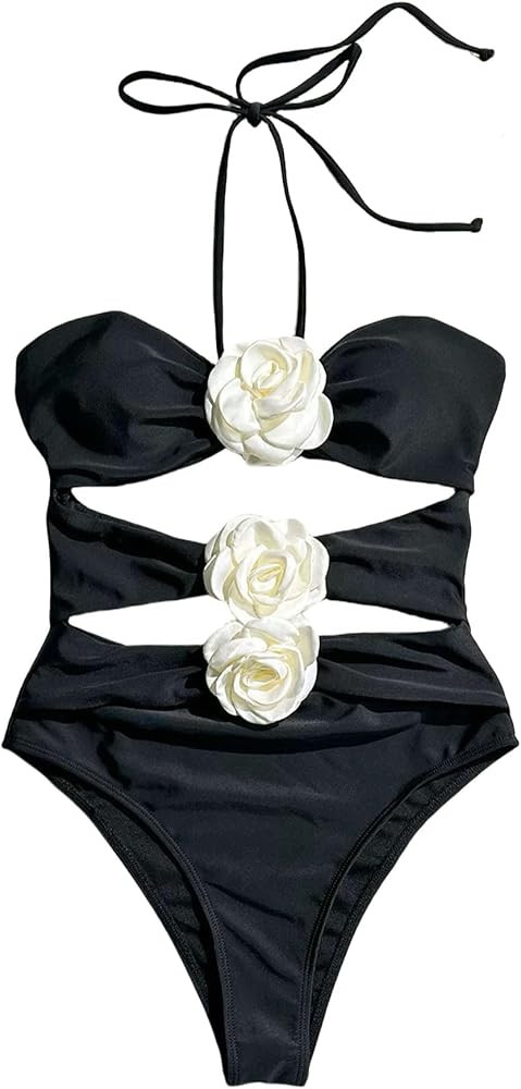 Women's One Piece Halter Top with Flower Decoration Bikini Sexy Bathing Swimsuits | Amazon (US)