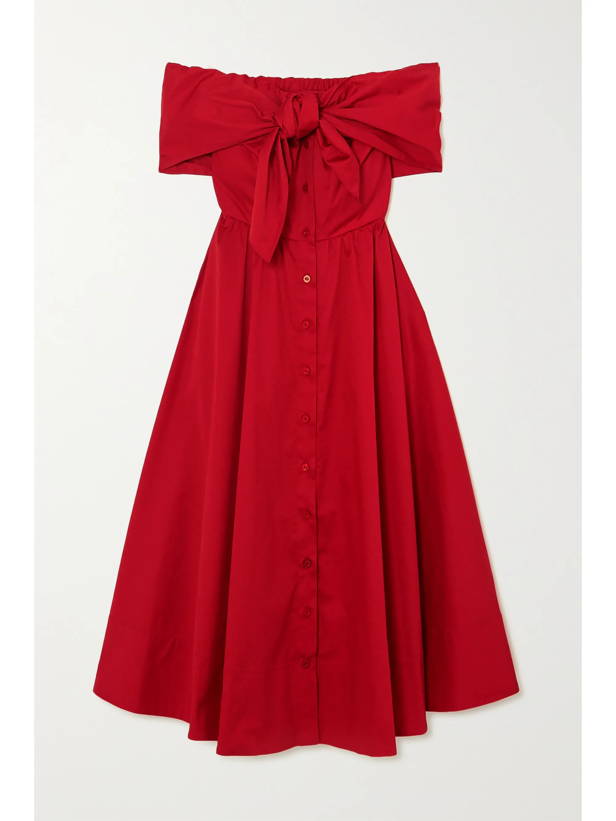 Red Off-the-shoulder draped cotton-blend poplin midi dress | Oscar de la Renta | NET-A-PORTER | NET-A-PORTER (UK & EU)