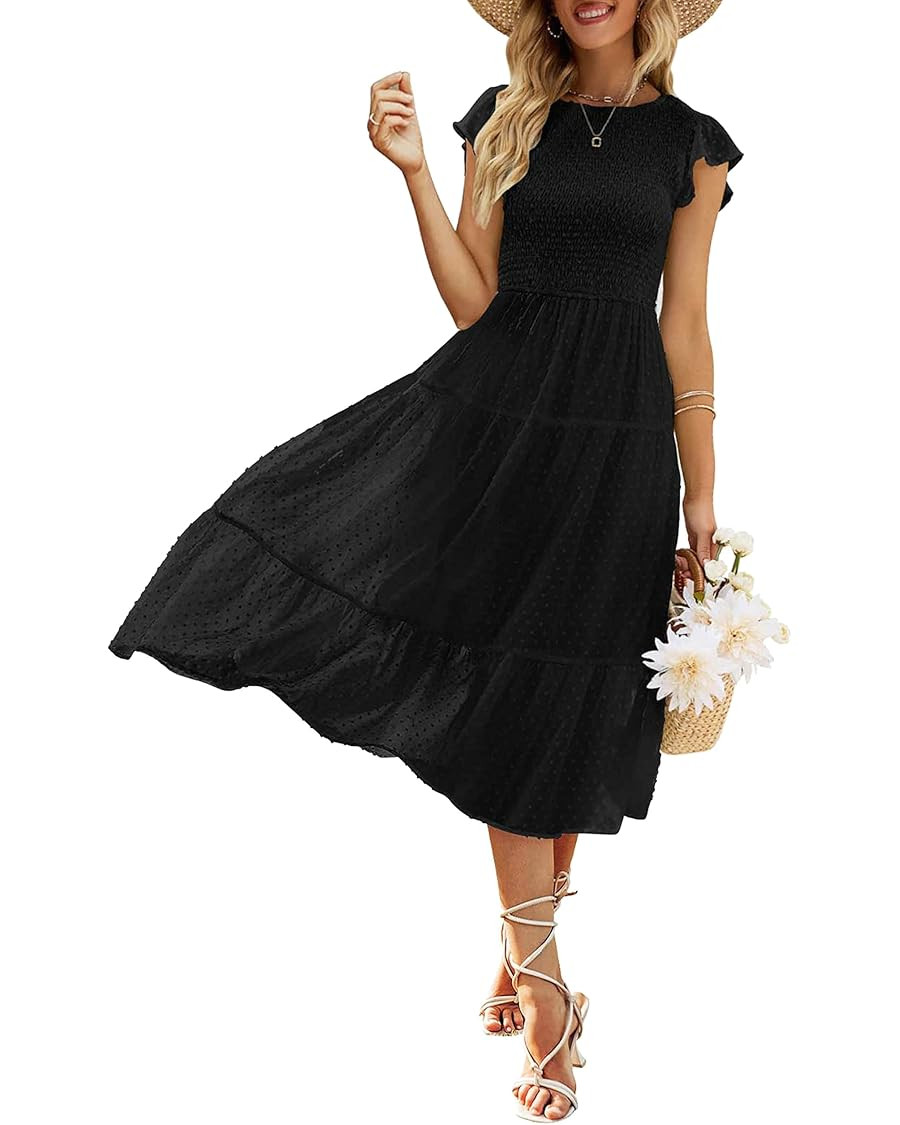 MEROKEETY Women's Summer Flutter Short Sleeve Smocked Midi Dress Swiss Dot Flowy Tiered Dresses | Amazon (US)
