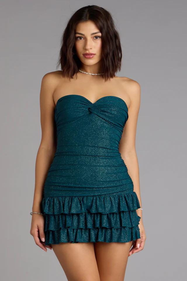 Party Perfect Glitter Knit Strapless Ruffle Mini Dress | Windsor Stores