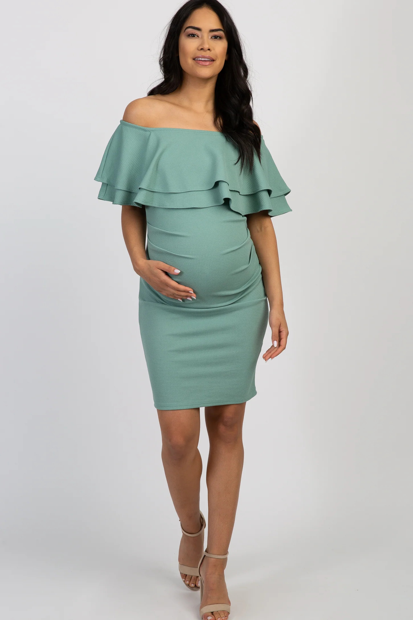 Sage Off Shoulder Fitted Maternity Dress | PinkBlush Maternity