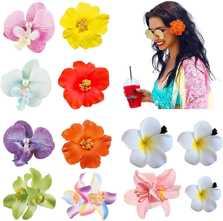 12 Pack Flower Clip for Women, Hawaiian Plumeria Hibiscus Orchid Hair Clips, Hawaiian Beach Flowe... | Amazon (US)