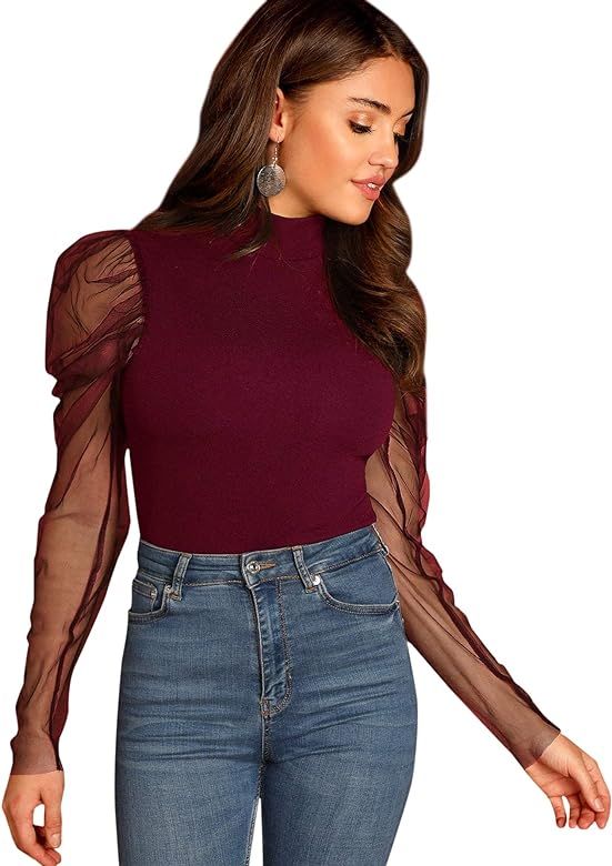Women's Mesh Puff Sleeve High Neck Slim Fit Party Blouse Top | Amazon (US)