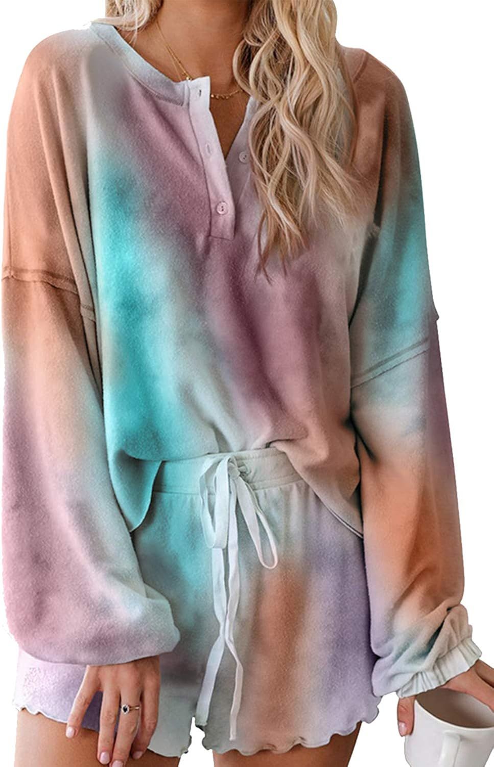 Pink Queen Womens Tie Dye Printed Frilled Pajamas Set Long Sleeve Tops Loungewear Nightwear | Amazon (US)