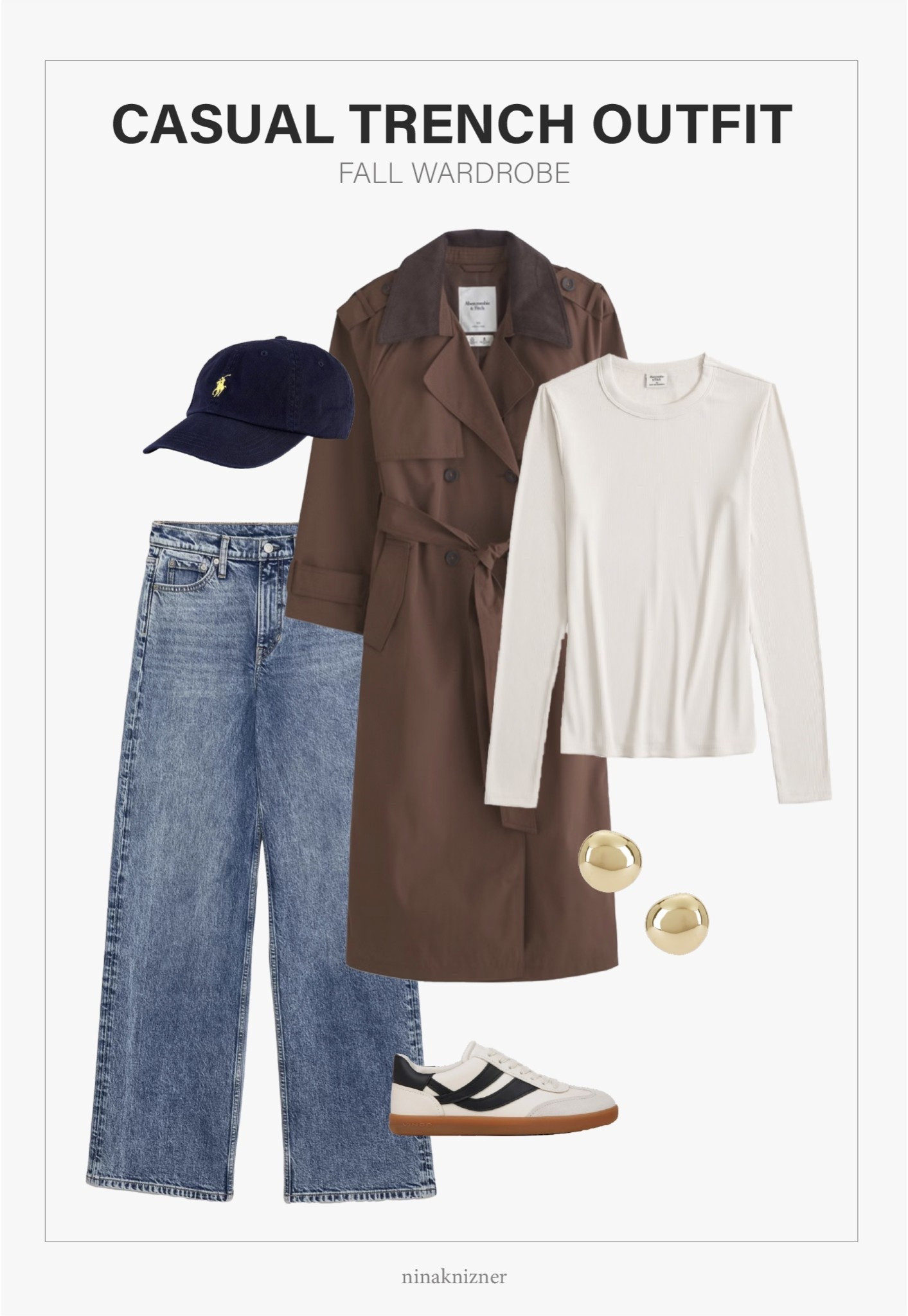How to casually style a brown trench coat…

Pairing it with my favorite wide-leg jeans and sneakers. Have been wearing this rib long-sleeve all season long…great quality and super comfy.

- Polo Chino Baseball Cap in Navy
- Banana Republic The Icon Classic Wide-Leg Jeans in light wash
- Abercrombie Classic Trench Coat in brown 
- Abercrombie Long-Sleeve Rib Baby Tee in cream
- Ettika Polished Pebble Studs in gold
- Vince Oasis Sneakers in Milk/Navy

#blackfriday #cybermonday #LTKFall #trench #trenchcoat #browntrenchcoat #brown #black #jeans #blackjeans #toryburch #leather #leatherbag #blackleatherbag #bucketbag #highrisejeans #straightlegjeans #denim #cateyesunglasses #riblongsleeve #casual #elevated #LTKCyberWeek

#LTKSeasonal #LTKgrwm