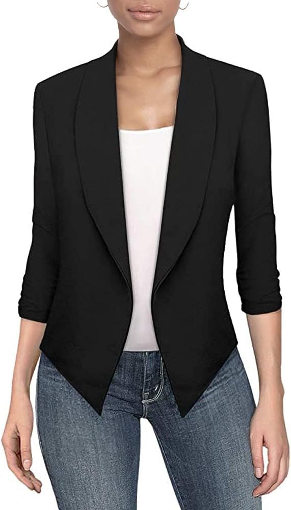 Hybrid & Company Womens Casual Work Office Open Front Blazer Jacket with Removable Shoulder Pads Mad | Amazon (US)