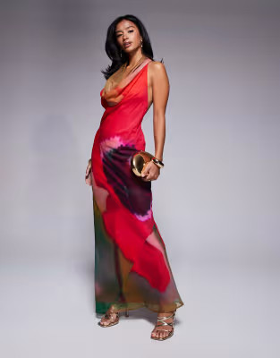 ASOS DESIGN Petite cowl plunge bias maxi dress in pink abstract print | ASOS (Global)