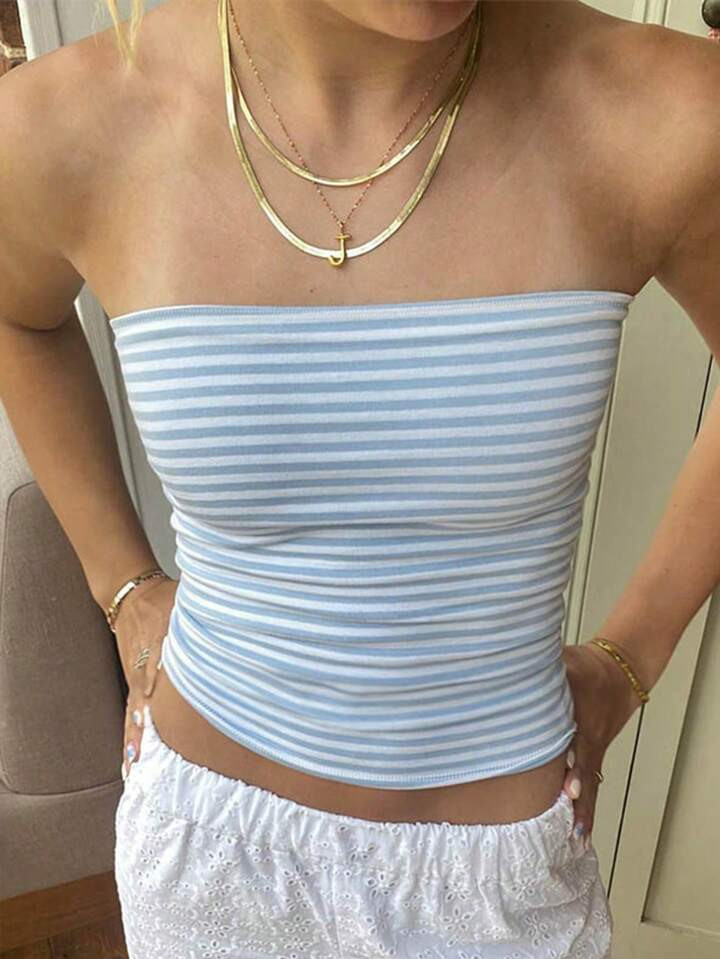 SHEIN EZwear Summer Casual Colorblock Striped Slim Fit Cropped Strapless Top | SHEIN