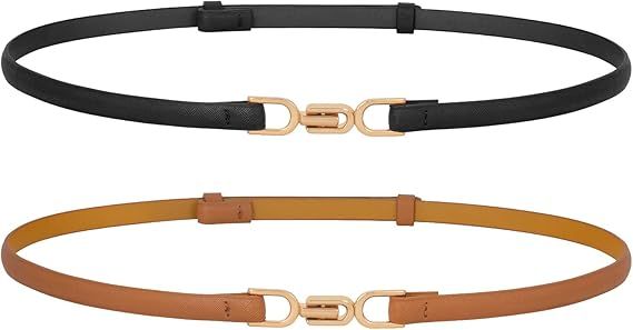 2 Pack Leather Skinny Women Belt Adjustable Thin Waist Belts with Alloy Buckle for Dresses | Amazon (US)