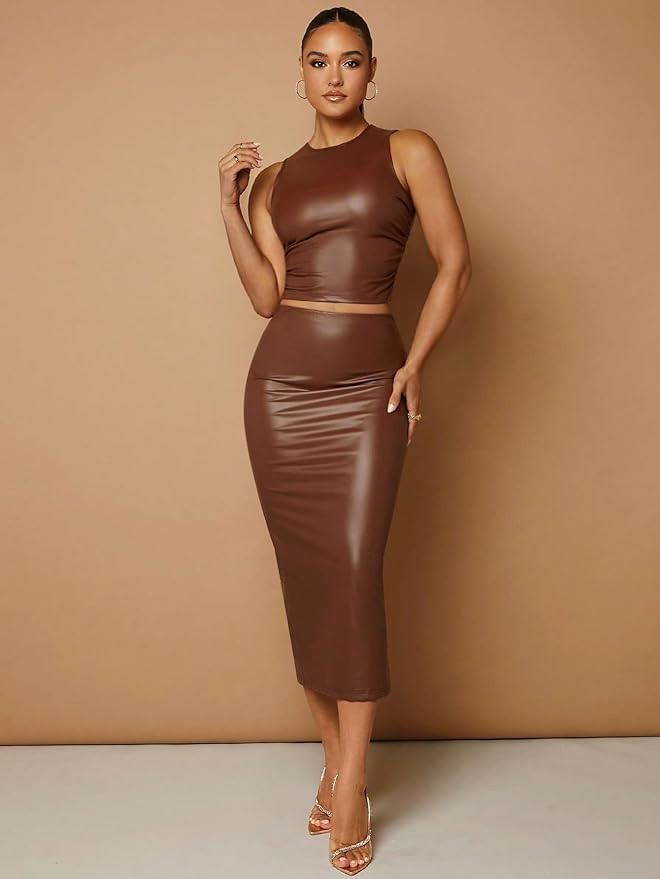 Verdusa Women's 2 Piece Outfit Pu Leather Crop Tank Top and Long Bodycon Skirt Sets | Amazon (US)