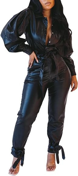 Womens Outfit Bodysuit Jumpsuit Set - Pu Leather Button Up Jacket Coat Knot Bodycon Pant Set Club... | Amazon (US)