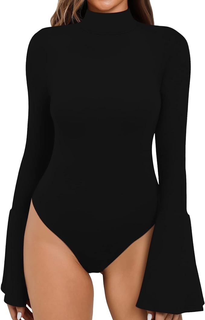 MANGOPOP Bell Sleeve Mock Neck Long Sleeve Short Sleeve Bodysuit for Going Out Tops for Women | Amazon (US)