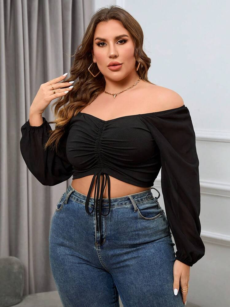 SHEIN Essnce Plus Off Shoulder Drawstring Front Crop Top | SHEIN