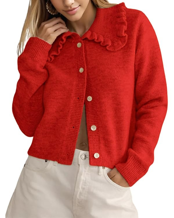 InterNos Womens Y2k Ruffled Collar Cardigan Sweaters Classic Button Down Long Sleeves Fall Sweate... | Amazon (US)
