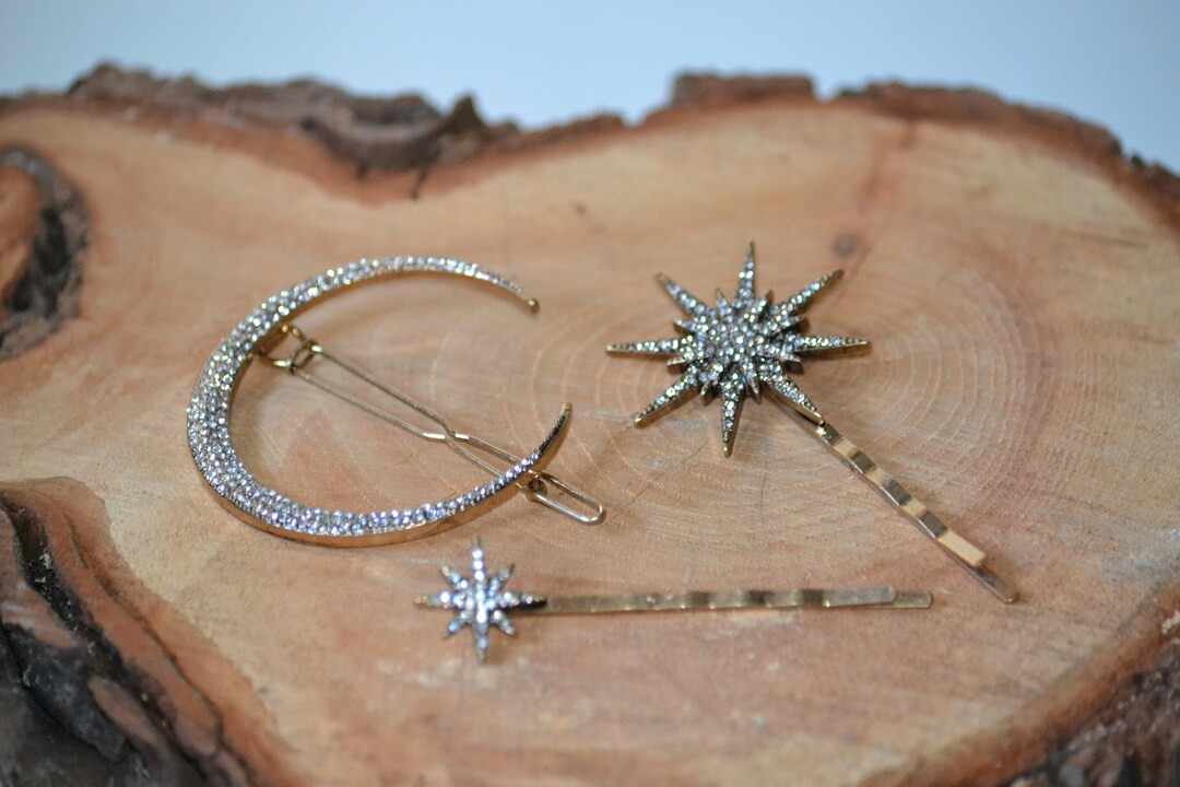 Crescent Moon Starburst Star Crystal Hair Clip Bobby Pin Brass Barrette Set of 3 | Etsy (US)
