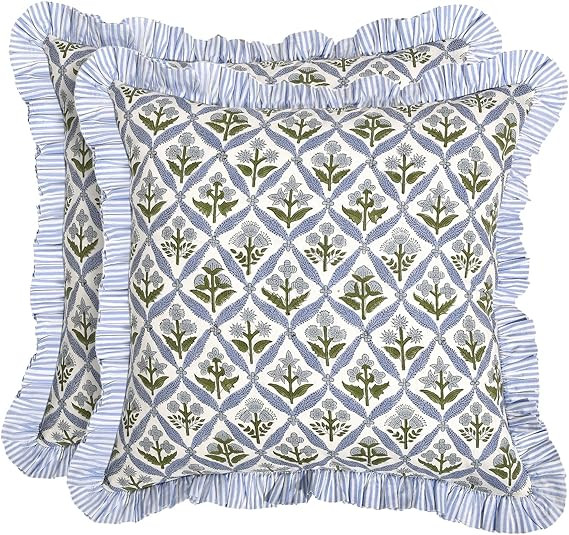 Ridhi Block Print Light Steel Blue Throw Pillow Cover 20" x 20" (Pack of 2) Decorative Cushion Co... | Amazon (US)