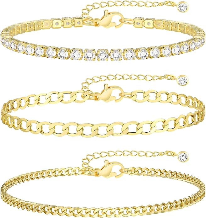 Gold Bracelets for Women, 14K Gold Plated Link Cubic Zirconia Classic Tennis Bracelet, Cuban Chai... | Amazon (US)