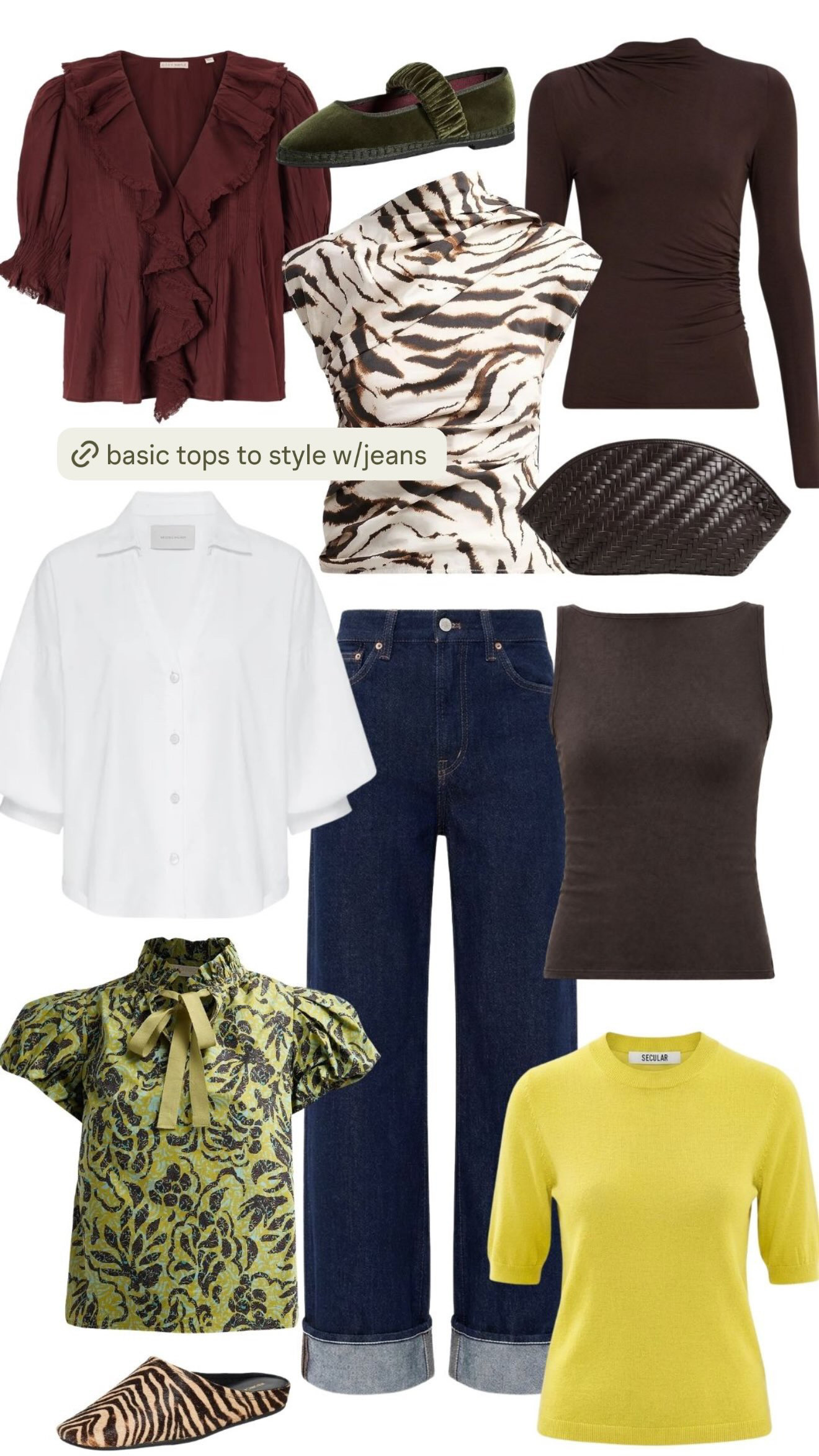 some really good tops to pair with denim this fall! i love having a mix of elevated basics + a few statement options that make jeans feel instantly more interesting.

the merlot ruffle top, chocolate draped knit, and simple brown tank are such easy staples, while the zebra print, chartreuse blouse, and yellow knit add a little more personality. add a dark wash jean, fun flat, and clutch, and you have so many easy fall outfit formulas you can repeat all season long!  

 