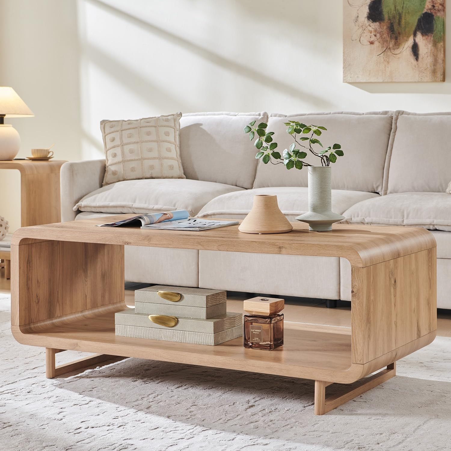 Amazon.com: IFGET 48" Modern Coffee Table, 2-Tier Minimalist Center Table with Storage Shelf, Cur... | Amazon (US)