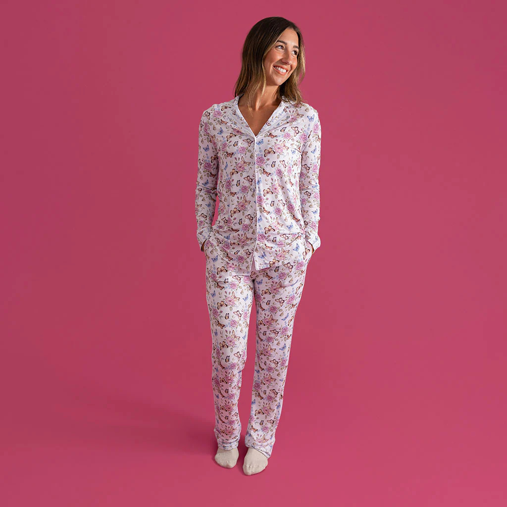 Butterfly Floral Beige Luxe Womens Pajamas | Mariselle | Posh Peanut