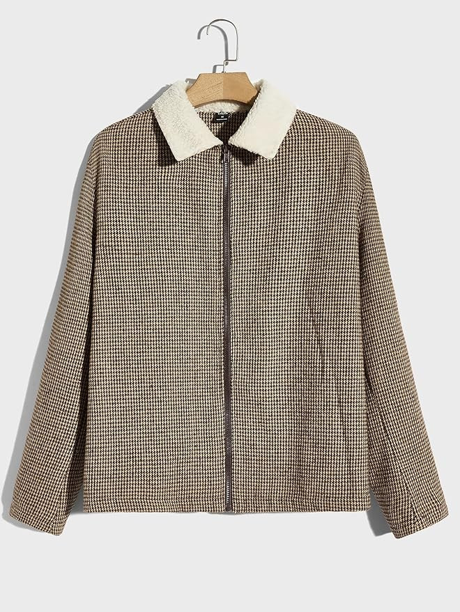 Jackets for Men - Men Houndstooth Print Zip Up Overcoat Without Sweater (Color : Brown, Size : Me... | Amazon (US)