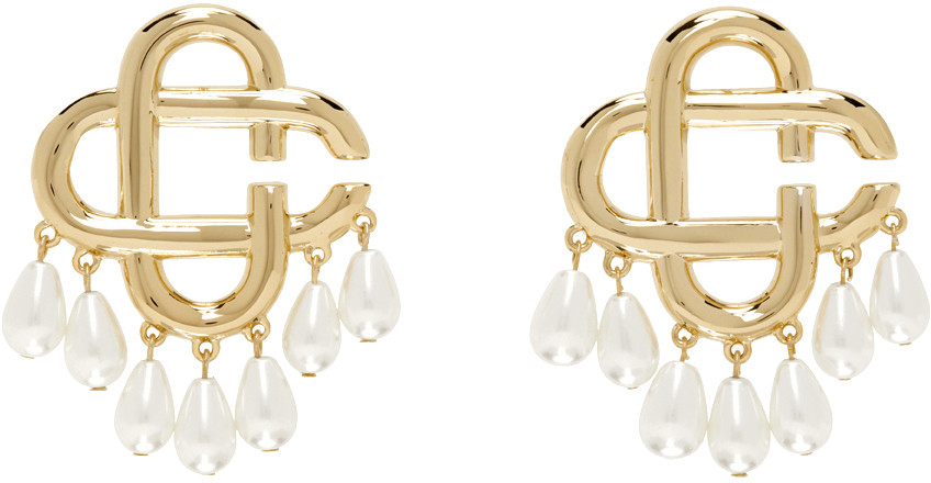 Casablanca Gold & White Pearl Drop Logo Earrings | SSENSE