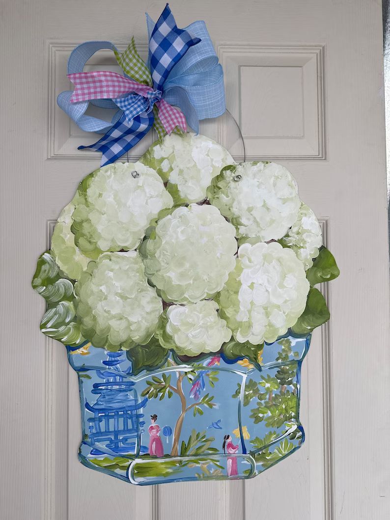 White Hydrangea With a Fun Colorful Blue Chinoiserie Pot Doorhanger. - Etsy | Etsy (US)