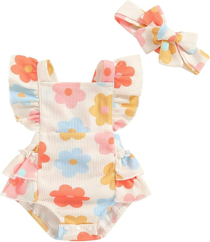 Newborn Baby Girl Summer Clothes Fly Sleeve Bubble Romper Floral Ruffle Dress Cute Outfit Set | Amazon (US)