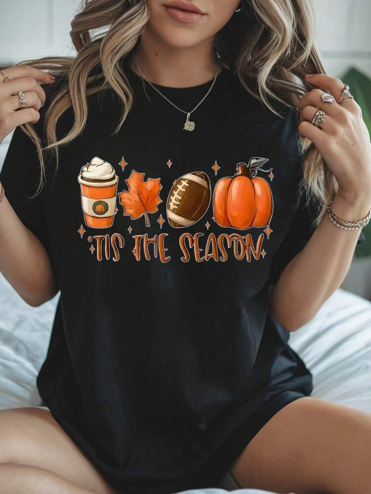 Pumpkin Spice Football Season , Women's 220gsm New Summer Casual Crew Neck Pure Cotton Short-Sleeved T-Shirt(1 PC) | SHEIN