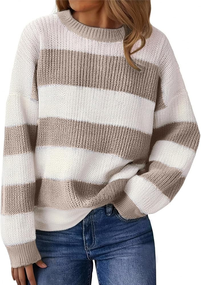 Womens Striped Sweater Oversized Cute Color Block Sweaters Winter 2025 Trendy Knit Crew Neck Thin... | Amazon (US)