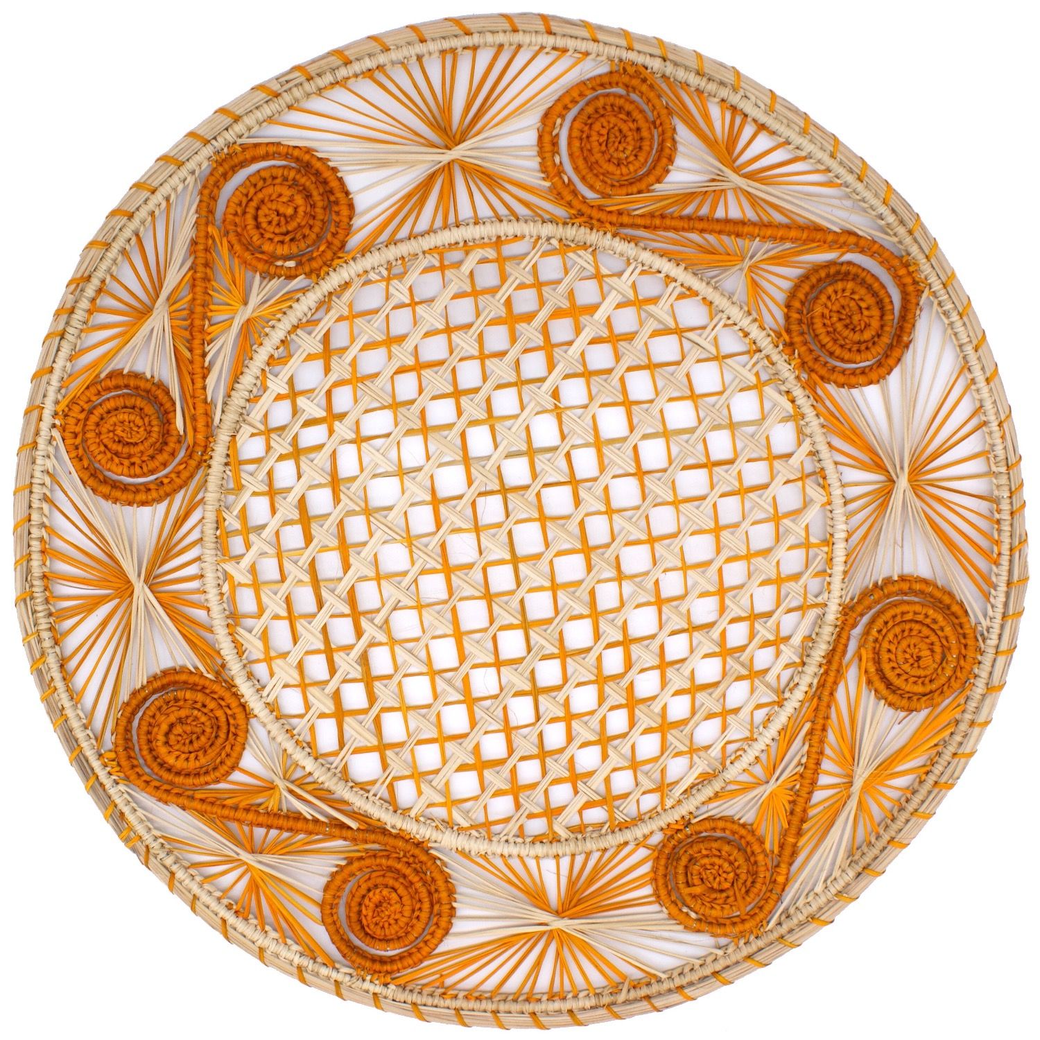 Set X 4 Natural Straw Woven Orange Spiral Round Placemats | Wolf and Badger (Global excl. US)