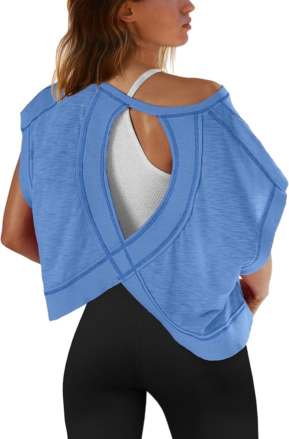 SENSERISE Womens Open Back Workout Tops Backless Short Sleeve Athletic Shirt Running Crop Top Gym... | Amazon (US)
