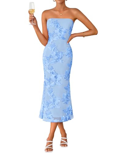 ZESICA Women's Summer Strapless Floral Midi Dress 2026 Bodycon Mesh Tube Wedding Guest Cocktail P... | Amazon (US)