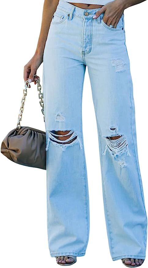 Dokotoo Women High Rise Ripped Flare Jeans Distressed Denim Pants | Amazon (US)