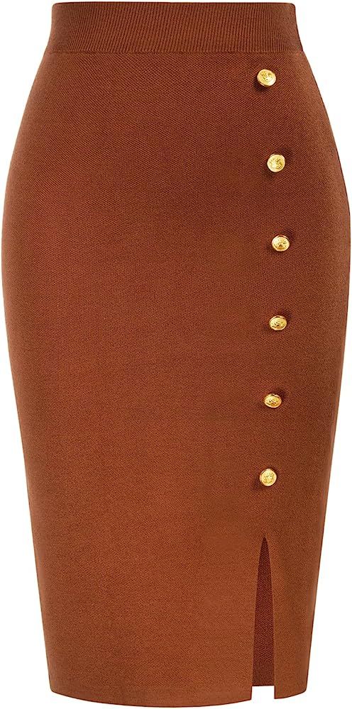 Kate Kasin Women Knit Pencil Skirt High Waisted Slit Midi Bodycon Sweater Skirts with Buttons | Amazon (US)
