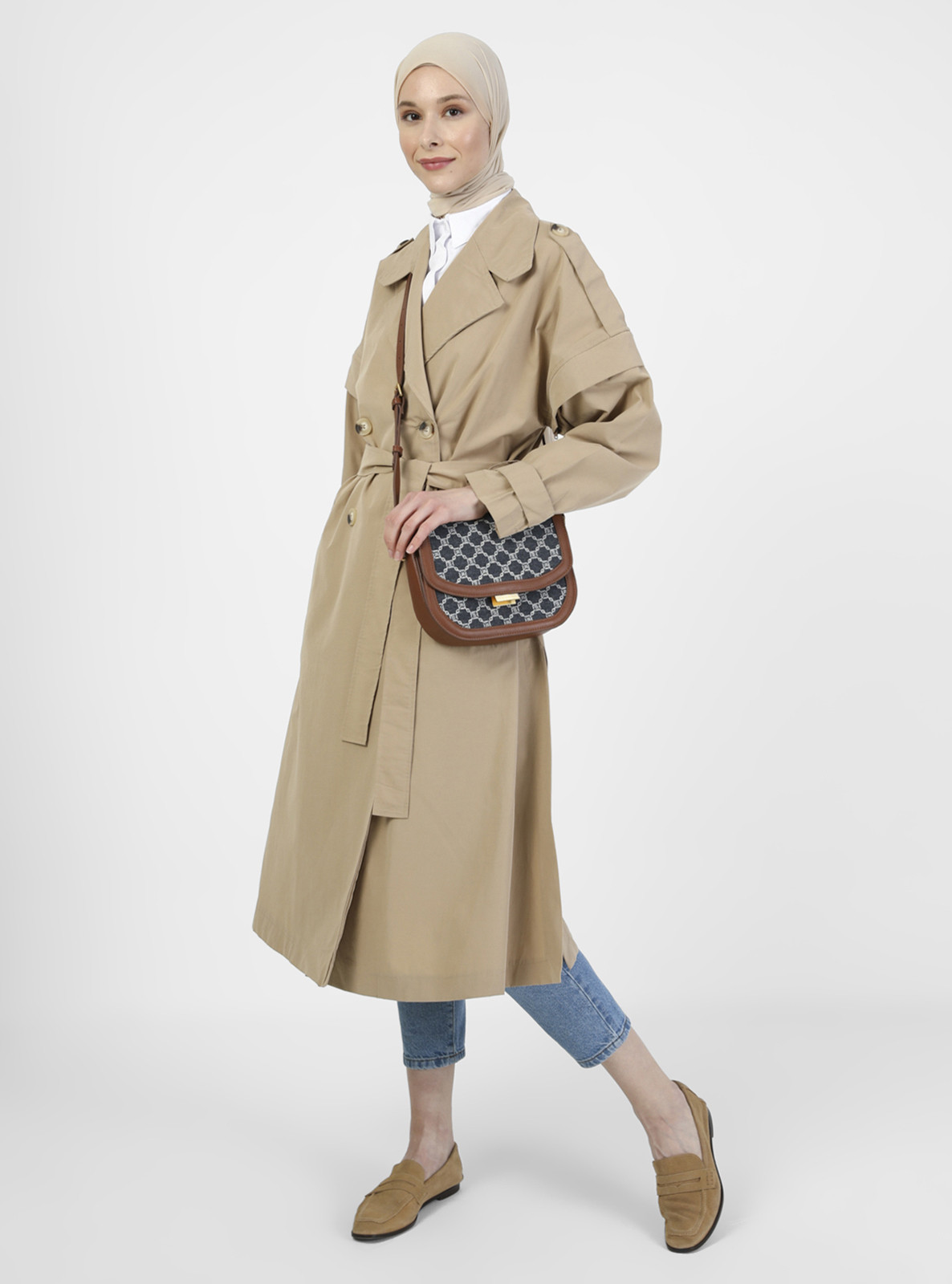 Beige - Unlined - Shawl Collar - Cotton - Trench Coat | Modanisa (US)