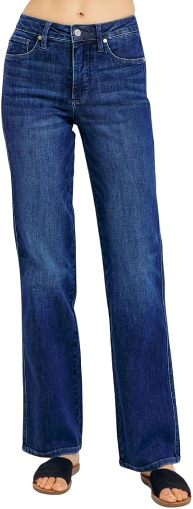 Judy Blue Women's Mid Rise Tummy Control Straight Jeans, Stretch Denim Comfort Fit for Everyday W... | Amazon (US)