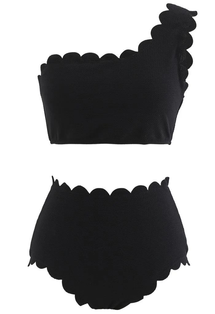 One-Shoulder Scalloped Bikini Set in Black | Chicwish