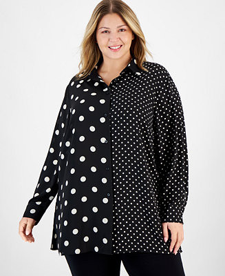 Plus Size Mixed Dot-Print Long-Sleeve Blouse | Macy's