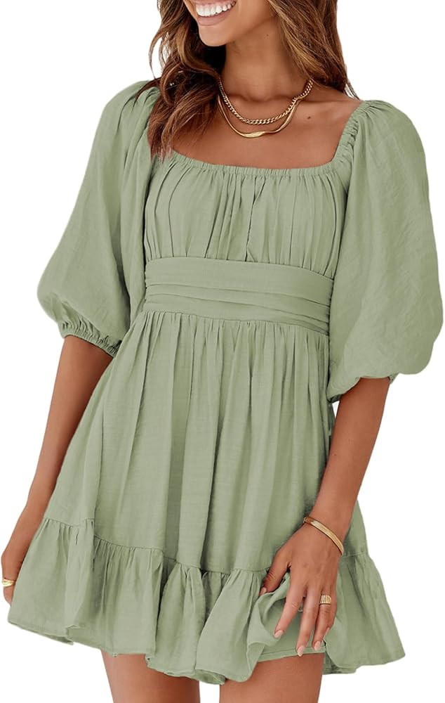 Dokotoo Womens Summer Dresses Square Neck Tie Back Lantern Sleeve Ruffle A-Line Casual Dress | Amazon (US)