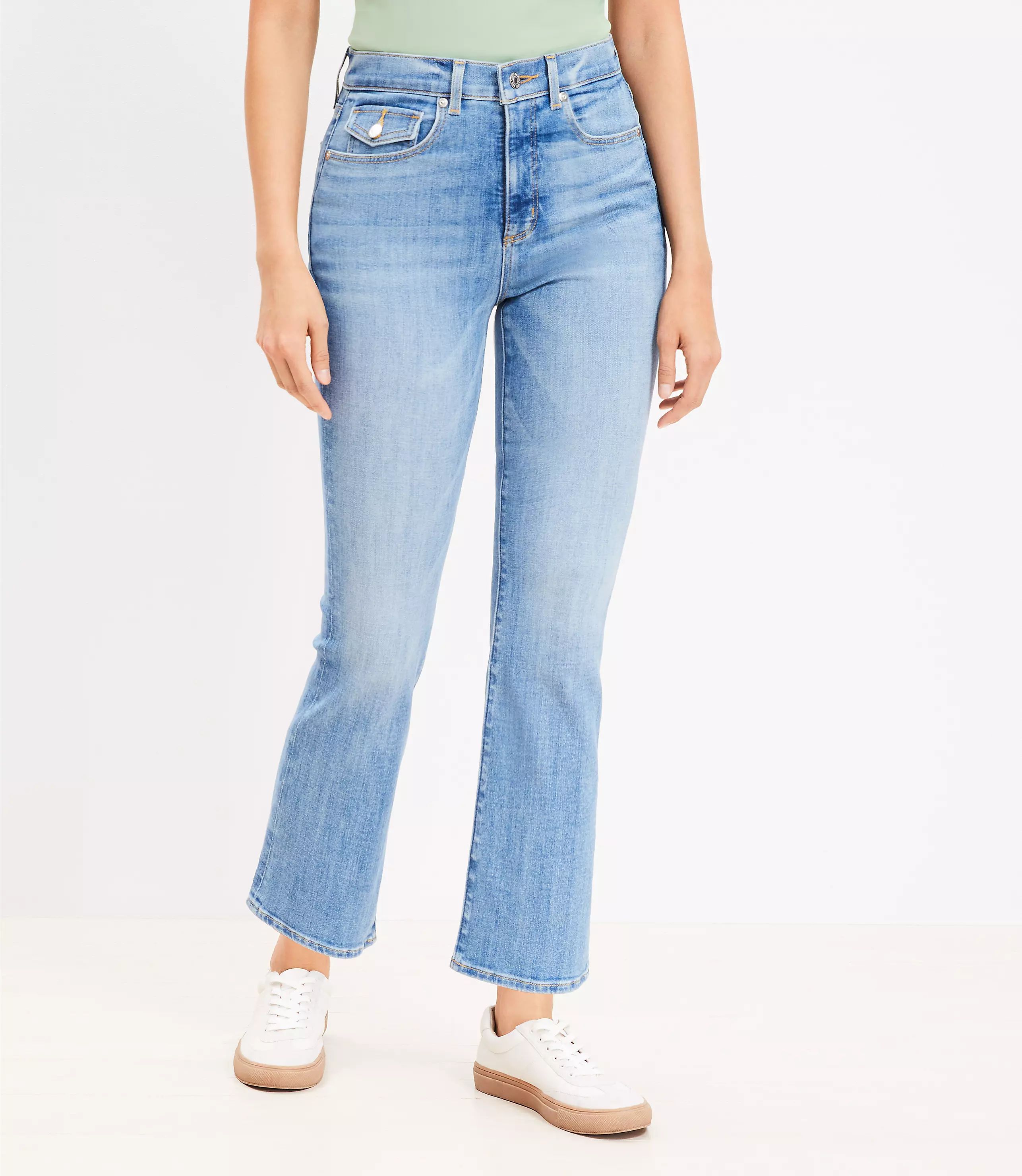 Petite Curvy Flap Coin Pocket High Rise Kick Crop Jeans in Luxe Medium Wash | LOFT
