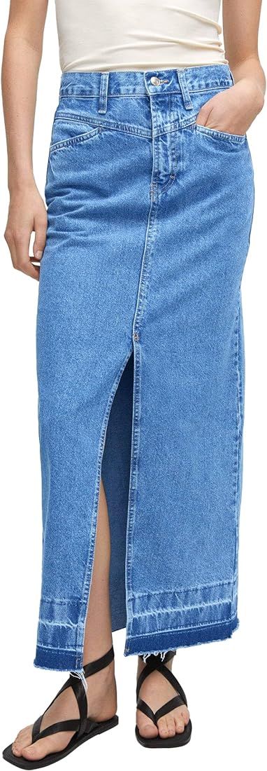 Wenrine Women's High Waisted Denim Skirts Frayed Hem Front Split Jean Maxi Skirt with Pockets | Amazon (US)