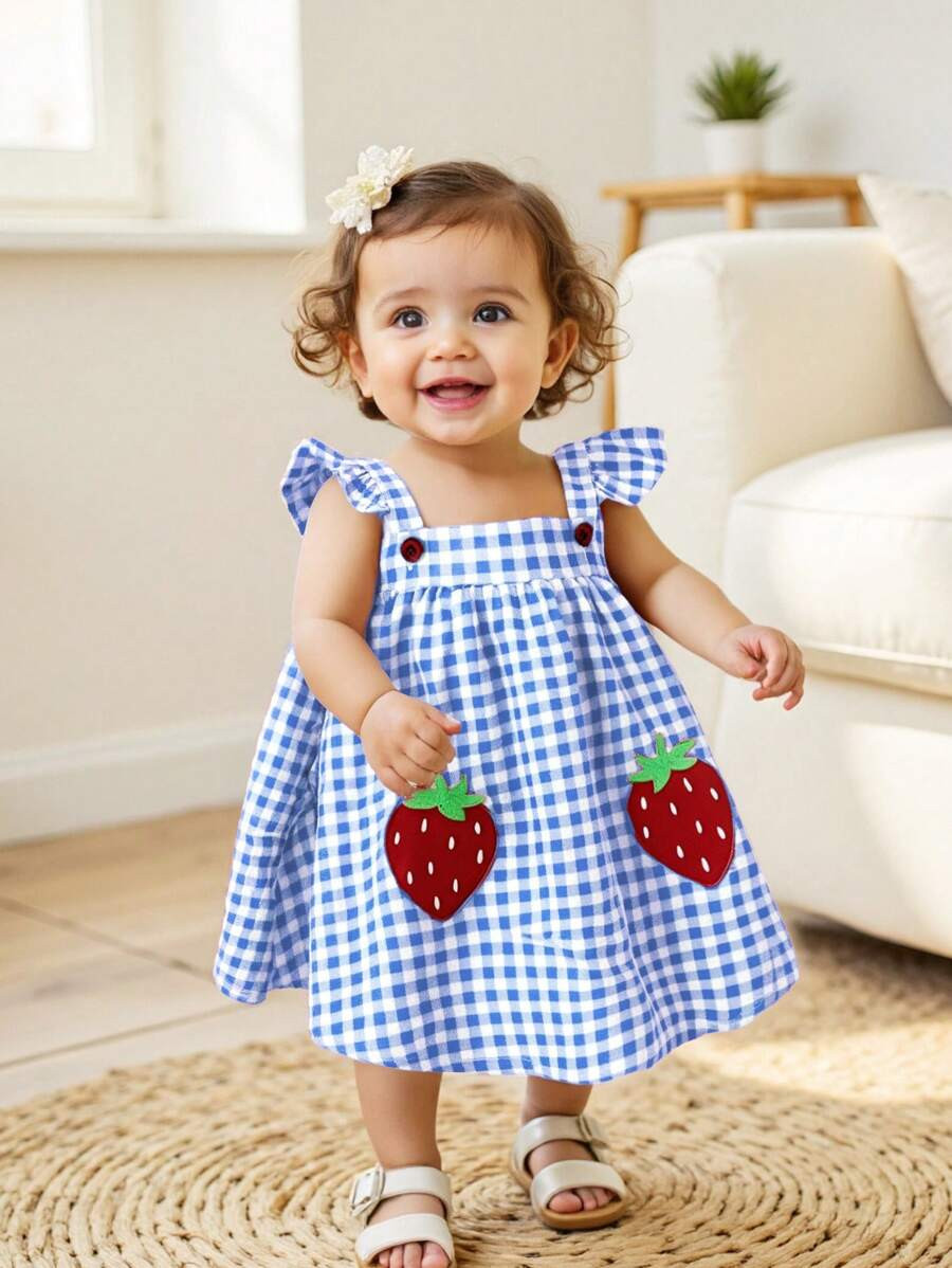 Cozy Pixies Baby Girl Strawberry Pattern Square Neck Ruffle Hem Cinched Waist Sleeveless Dress | SHEIN