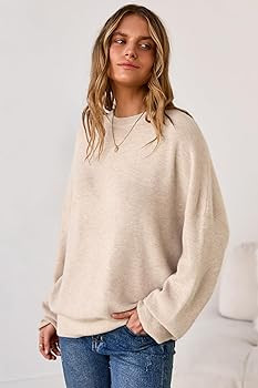 Arach&Cloz Suéteres de gran tamaño de mezcla de lana para mujer, cuello redondo, casual, para o... | Amazon (US)