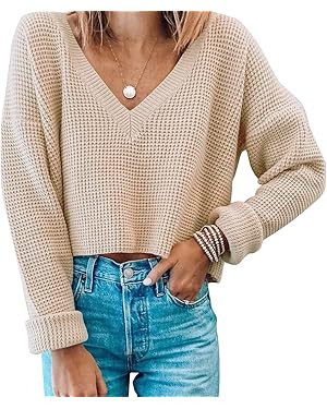 Jumppmile Womens V Neck Waffle Knit Cropped Top Long Sleeve Pullover Crop Sweater | Amazon (US)