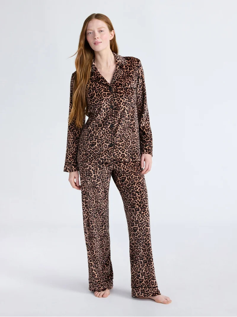 Joyspun Women’s Stretch Velour Notch Collar Long Sleeve Pajama Set, Sizes XS to 4X - Walmart.co... | Walmart (US)