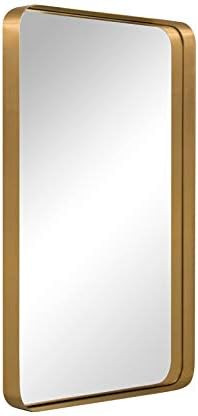 ANDY STAR Gold Rectangle Bathroom Mirror for Wall, 24x36” Brass Metal Rounded Corner Rectangle Mirro | Amazon (US)