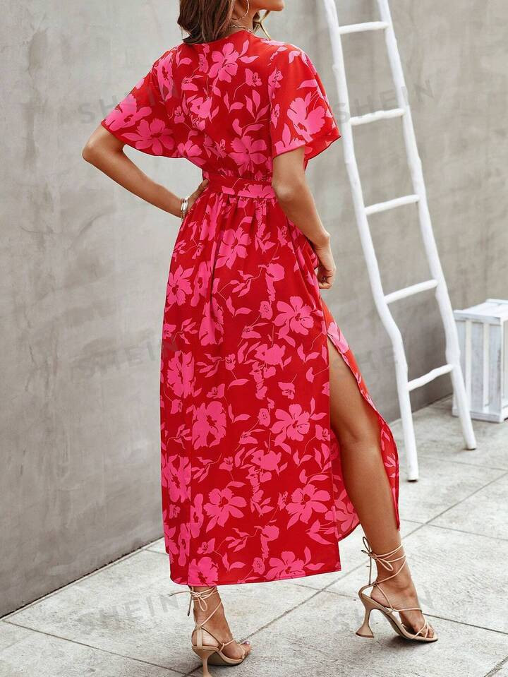 SHEIN VCAY Floral Print V-Neck Short Sleeve Dress | SHEIN