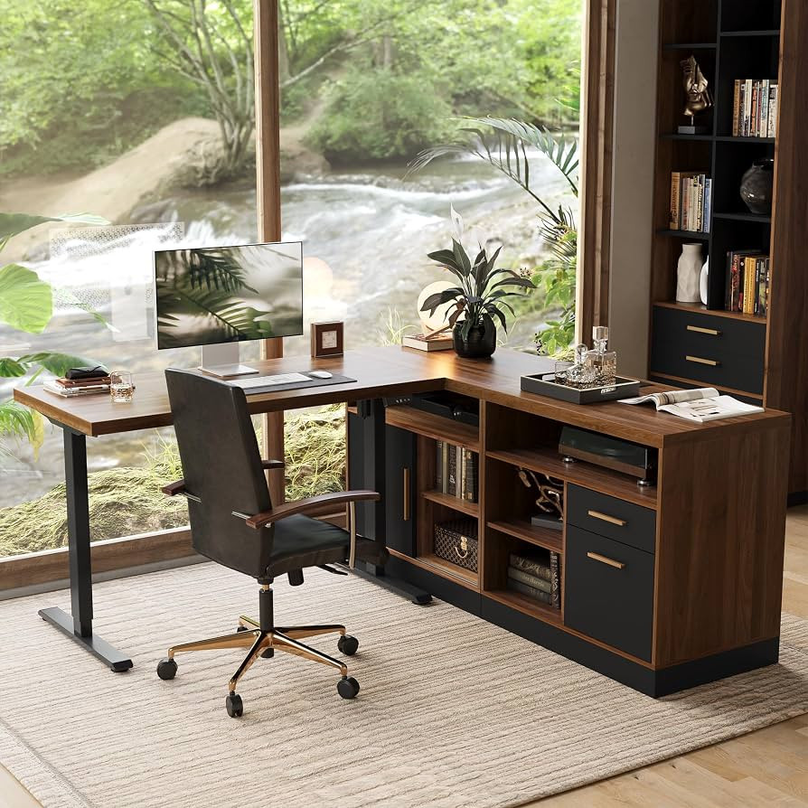 67" L Shaped Standing Desk with Storage/Drawers,File Cabinets, AC/USB, 1.18" Desktop, Height Adju... | Amazon (US)