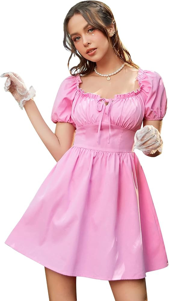 SheIn Women's Short Puff Sleeve Ruffle Skater Mini Dress Square Neck Tie Back Shirred A Line Dresses | Amazon (US)